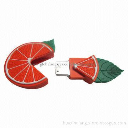 Orange-shaped USB Drives, 128MB-64GB Capacities, Logo Design, Soft PVC, 5 Years Warranty, USB 2.0